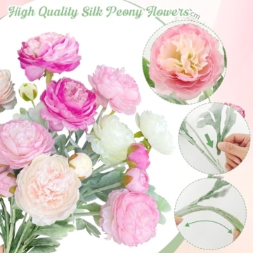 ROLLWAY 5 Bündel Kunstblumen wie Echt Pfingstrosen Künstlich Seidenblumen Groß 51cm, Künstliche Blumen Ranunkeln Künstlich Pfingstrose Kunst Blumen Künstlicher Blumenstrauss Rosa Lila Weiß（φ 8cm） - 2
