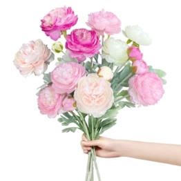 ROLLWAY 5 Bündel Kunstblumen wie Echt Pfingstrosen Künstlich Seidenblumen Groß 51cm, Künstliche Blumen Ranunkeln Künstlich Pfingstrose Kunst Blumen Künstlicher Blumenstrauss Rosa Lila Weiß（φ 8cm） - 1