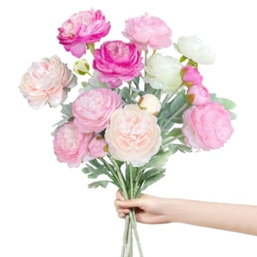 ROLLWAY 5 Bündel Kunstblumen wie Echt Pfingstrosen Künstlich Seidenblumen Groß 51cm, Künstliche Blumen Ranunkeln Künstlich Pfingstrose Kunst Blumen Künstlicher Blumenstrauss Rosa Lila Weiß（φ 8cm） - 1