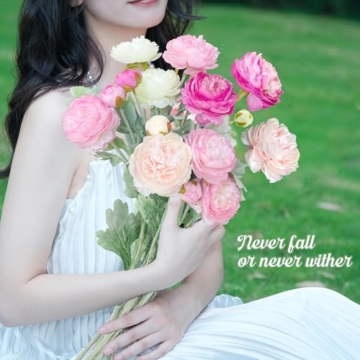 ROLLWAY 5 Bündel Kunstblumen wie Echt Pfingstrosen Künstlich Seidenblumen Groß 51cm, Künstliche Blumen Ranunkeln Künstlich Pfingstrose Kunst Blumen Künstlicher Blumenstrauss Rosa Lila Weiß（φ 8cm） - 6