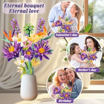 Rongmeiz Blumen Bausatz für Erwachsene, Botanisches Blumenstrauß DIY-Set mit 13 Künstliche Blumen – Kreativer Bastelset für Home Deko, Blumenstrauß Blöcke Bauspielzeug Frauen Kinder - 6