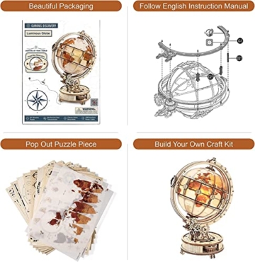 RoWood 3D Puzzle Holz Leuchtender Globus Modellbau mit LED, DIY 3D Holzpuzzle Weltkugel Modellbausatz Bastelsets für Erwachsene, Bastelset Geschenk zum Geburtstag/Weihnachten - 5