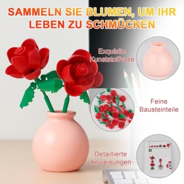 runpeak Klemmbausteine Blumen - Blumen Bausteine Set, Kreative Heimdekoration, Botanisches Bausteinspielzeug für Valentinstag, Hochzeit oder Muttertag (Rose) - 2