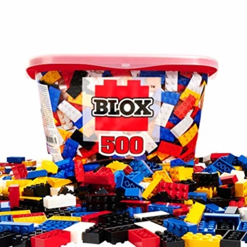 Simba 104114201 - Blox 500 Bausteine für Kinder ab 3 Jahren, 8er Steinebox, ohne Grundplatte, vollkompatibel, farblich gemischt, schwarz, rot, weiß, gelb, blau - 1