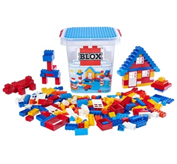Simba Blox 104114518 - 250 Bausteine im Eimer, für Kinder ab 3 Jahren, Verschiedene Steine, 8 Fenster, 4 Türen, mit Grundplatte, vollkompatibel, farblich gemischt
