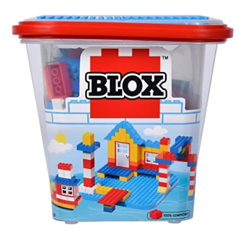 Simba Blox 104114518 - 250 Bausteine im Eimer, für Kinder ab 3 Jahren, Verschiedene Steine, 8 Fenster, 4 Türen, mit Grundplatte, vollkompatibel, farblich gemischt Eimer