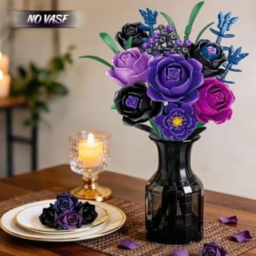 Sitodier Blumenstrauß-Bausatz, botanisches BAU-Spielzeug für Mädchen mit violetten und schwarzen Rosen, Geschenk für Erwachsene Frauen Ehefrauen Freundinnen Mütter, Dekoration für das Homeoffice - 3