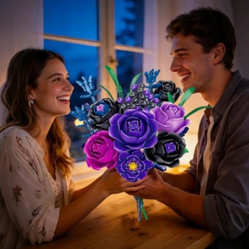 Sitodier Blumenstrauß-Bausatz, botanisches BAU-Spielzeug für Mädchen mit violetten und schwarzen Rosen, Geschenk für Erwachsene Frauen Ehefrauen Freundinnen Mütter, Dekoration für das Homeoffice - 4