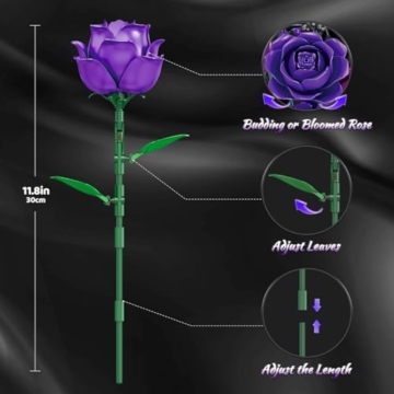 Sitodier Blumenstrauß-Bausatz, botanisches BAU-Spielzeug für Mädchen mit violetten und schwarzen Rosen, Geschenk für Erwachsene Frauen Ehefrauen Freundinnen Mütter, Dekoration für das Homeoffice - 5