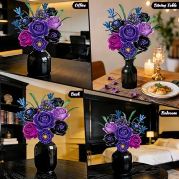 Sitodier Blumenstrauß-Bausatz, botanisches BAU-Spielzeug für Mädchen mit violetten und schwarzen Rosen, Geschenk für Erwachsene Frauen Ehefrauen Freundinnen Mütter, Dekoration für das Homeoffice - 6