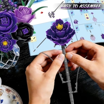 Sitodier Blumenstrauß-Bausatz, botanisches BAU-Spielzeug für Mädchen mit violetten und schwarzen Rosen, Geschenk für Erwachsene Frauen Ehefrauen Freundinnen Mütter, Dekoration für das Homeoffice - 8