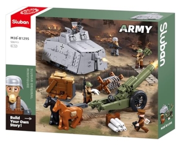 Sluban Historisches Militär-Bauset, Panzer 19,2 cm und Artilleriegeschütz 17,4 cm, mit Minifiguren und Zubehör, M38-B1295, Orange, Lila, Weiß, Gold - 1
