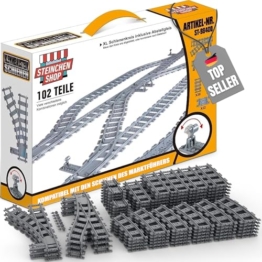Steinchenshop XL Oval Schienenset – 102 Teile – Gleis System mit Kurven, Geraden, 7 Weichen & 22 Flexschienen – 172 x 228 cm – kompatibel mit Sluban, Q‑Bricks, Cobi, Lego u.v.m. - für Citybauten & co. - 1