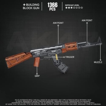 Technik Schießwaffe Bausteine, Technik AK-47 Sturmgewehr Bausatz Modell, 1238+ Klemmbausteine Gewehr Waffen Bauset Konstruktionspielzeug Kompatibel mit Großen Marken - 4