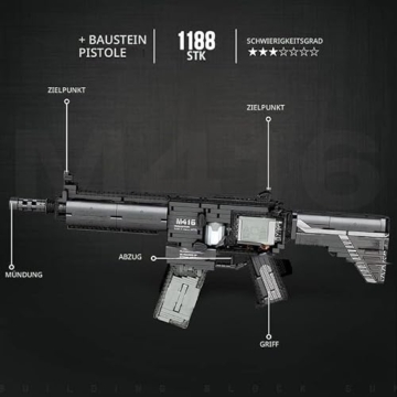 Technik Schießwaffe Bausteine, Technik Militär M416 Sturmgewehr Bausatz Modell, 1188+ Klemmbausteine Gewehr Waffen Bauset Konstruktionspielzeug Kompatibel mit Großen Marken - 4