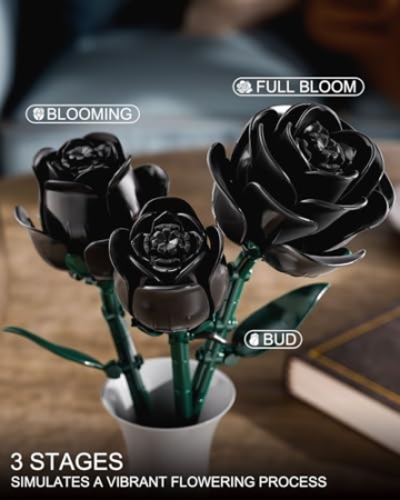 TYCOLE Gotische Schwarze Rosen Bausteine-Set, 12 STK in 3 Größen (je 4), Weihnachtskunstblumenstrauß, kompatibel mit gängigen Marken, Zimmerdeko & Geschenk für Frauen/Mädchen ab 6 Jahren - 2
