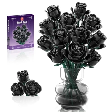 TYCOLE Gotische Schwarze Rosen Bausteine-Set, 12 STK in 3 Größen (je 4), Weihnachtskunstblumenstrauß, kompatibel mit gängigen Marken, Zimmerdeko & Geschenk für Frauen/Mädchen ab 6 Jahren - 1