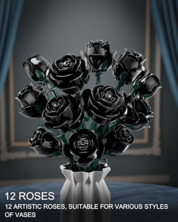 TYCOLE Gotische Schwarze Rosen Bausteine-Set, 12 STK in 3 Größen (je 4), Weihnachtskunstblumenstrauß, kompatibel mit gängigen Marken, Zimmerdeko & Geschenk für Frauen/Mädchen ab 6 Jahren - 7