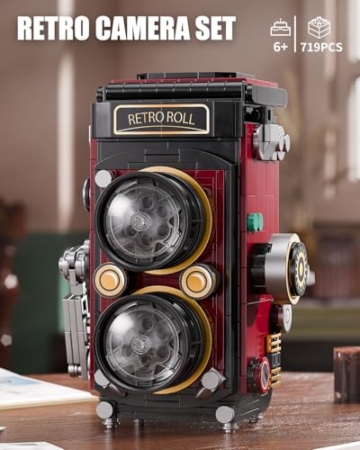 TYCOLE Retro-Kamera-Baustein-Sets mit Lichtern, DIY-Kamera-Bauspielzeug mit Doppellinsen-Reflex-Design, Weihnachtsgeburtstagsgeschenk für Erwachsene Jungen im Alter von 8–12 Jahren (719 Stück) - 2