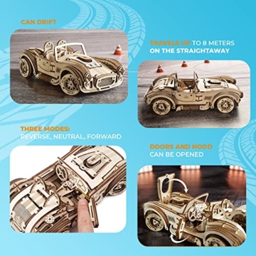 UGEARS 3D Puzzle Auto Modellbau - Drift Cobra Racing Car - 3D Holzpuzzle Sportwagen aus der Vergangenheit - Modellbausatz für Erwachsene - Mechanisches Modell Holzbausatz Auto mit Federmotor - 3