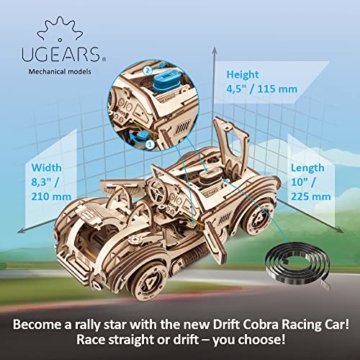 UGEARS 3D Puzzle Auto Modellbau - Drift Cobra Racing Car - 3D Holzpuzzle Sportwagen aus der Vergangenheit - Modellbausatz für Erwachsene - Mechanisches Modell Holzbausatz Auto mit Federmotor - 6