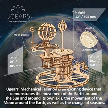 UGEARS 3D Puzzle Sonnensystem Modell - Mechanisches Tellurium Modell 3D Holzpuzzle für Erwachsene und Kinder - Rotationsmodell Planetensystem von Erde und Mond um die Sonne - DIY Modellbau Holzbausatz - 2