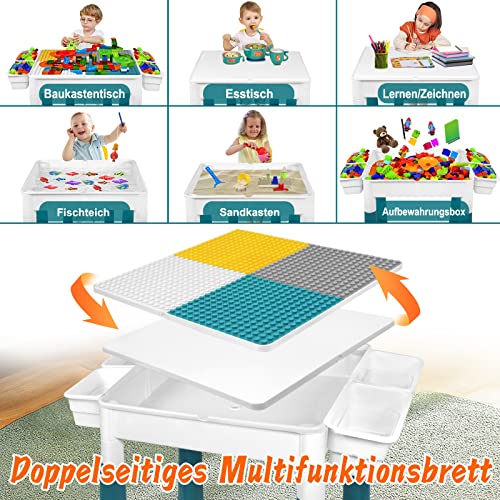 UISEBRT Kindertisch mit 2 Stühle Spieltisch mit 163 Stück Bausteine Multifunktionaler Aktivitätstisch Set für Kinder Baustein Tisch Stuhl Set Basteltisch für Kinderzimmer und Kindergarten