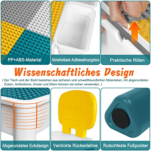 UISEBRT Kindertisch mit 2 Stühle Spieltisch mit 163 Stück Bausteine Multifunktionaler Aktivitätstisch Set für Kinder Baustein Tisch Stuhl Set Basteltisch für Kinderzimmer und Kindergarten