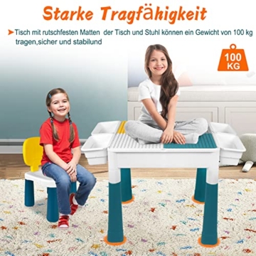 UISEBRT Kindertisch mit 2 Stühle Spieltisch mit 163 Stück Bausteine Multifunktionaler Aktivitätstisch Set für Kinder Baustein Tisch Stuhl Set Basteltisch für Kinderzimmer und Kindergarten