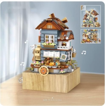 Windmühle Musikbox Bausteine Mit Minifigure, 799 Klemmbausteine Street View Architektur Modellbausatz, Technik Spieluhr des Windmühlenhauses Bauset Nicht Kompatibel mit Großen Marken - 3