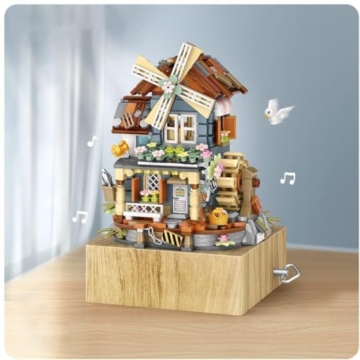Windmühle Musikbox Bausteine Mit Minifigure, 799 Klemmbausteine Street View Architektur Modellbausatz, Technik Spieluhr des Windmühlenhauses Bauset Nicht Kompatibel mit Großen Marken - 4