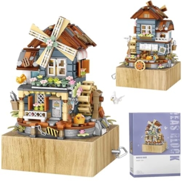 Windmühle Musikbox Bausteine Mit Minifigure, 799 Klemmbausteine Street View Architektur Modellbausatz, Technik Spieluhr des Windmühlenhauses Bauset Nicht Kompatibel mit Großen Marken - 1
