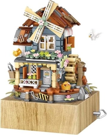 Windmühle Musikbox Bausteine Mit Minifigure, 799 Klemmbausteine Street View Architektur Modellbausatz, Technik Spieluhr des Windmühlenhauses Bauset Nicht Kompatibel mit Großen Marken - 5