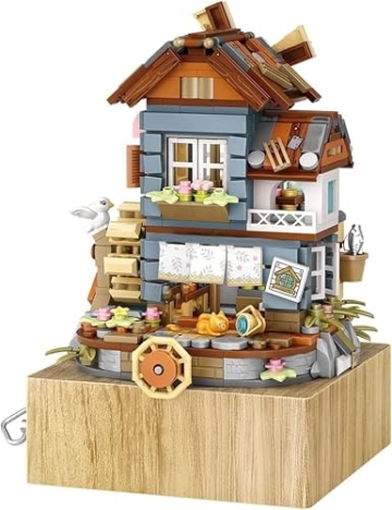 Windmühle Musikbox Bausteine Mit Minifigure, 799 Klemmbausteine Street View Architektur Modellbausatz, Technik Spieluhr des Windmühlenhauses Bauset Nicht Kompatibel mit Großen Marken - 6