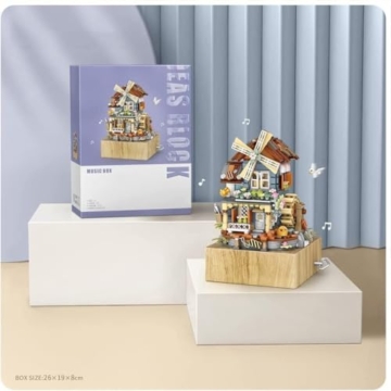Windmühle Musikbox Bausteine Mit Minifigure, 799 Klemmbausteine Street View Architektur Modellbausatz, Technik Spieluhr des Windmühlenhauses Bauset Nicht Kompatibel mit Großen Marken - 7