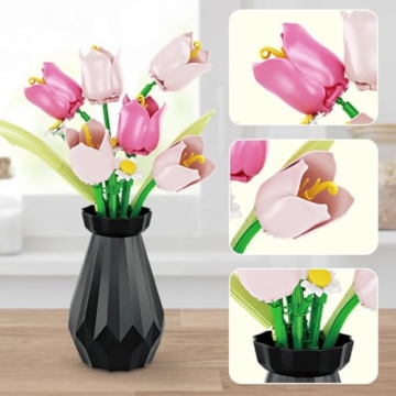 WINNER SPACE Tulpen Blumen Bauspielzeugset mit Vase, 223pcs Botanical Collection Bauklotz Spielzeug Pflanzen Home Deko, Geschenk zu Valentinstag, Muttertag Für Freundin Freund Mädchen 8+ - 3