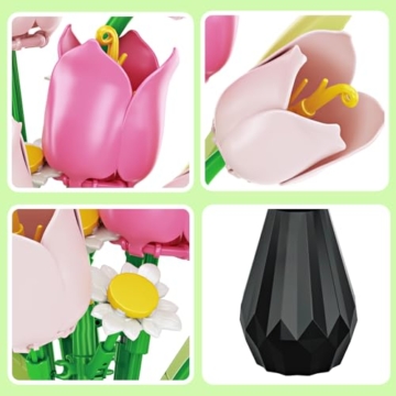 WINNER SPACE Tulpen Blumen Bauspielzeugset mit Vase, 223pcs Botanical Collection Bauklotz Spielzeug Pflanzen Home Deko, Geschenk zu Valentinstag, Muttertag Für Freundin Freund Mädchen 8+ - 4